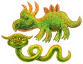Two reptiles - funny dinosaur and unusual green snake with horns