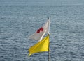 two rescue flags yellow and white with a red cross on the background of the sea