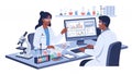 Researchers Analyzing Data on Computer Screen with Microscope and Chemical Test Tubes in White Background Scientist Royalty Free Stock Photo