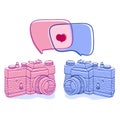 Two retro cameras in doodle style with bubbles and Royalty Free Stock Photo