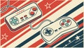 Two Retro Game Controllers on a Striped Background, Nostalgic Gaming, vector design Generative AI Royalty Free Stock Photo