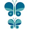 Two Retro Geometric Butterfly Vector Illustration. Hand Drawn 60`s Style Garden Insect Simple Motif. Vintage Light Classic Blue Royalty Free Stock Photo