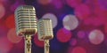 Two retro microphones, blur abstract bokeh background. 3d illustration Royalty Free Stock Photo