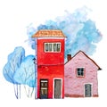 Two retro stone houses with winter trees and color spot on background. Hand drawn cartooon watercolor illustration