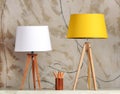 Two Retro Table Lamps with Cup of Pencils on Table Royalty Free Stock Photo