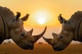 two rhinos facing each other during sunset Royalty Free Stock Photo