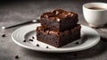 Two rich chocolate brownies stacked on a plate, accompanied by a cup of coffee Royalty Free Stock Photo