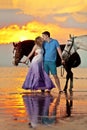 Two riders on horseback at sunset on the beach. Lovers ride horseback. Young beautiful man and woman with a horse at the sea. Rom Royalty Free Stock Photo