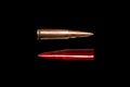 Two rifle bullets isolated on black background. Bloody bullet. Symbol of war, suffering Royalty Free Stock Photo