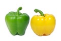Two ripe bright color bell peppers, one green and one yellow isolated on white background Royalty Free Stock Photo