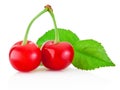 Two ripe cherries with leaf isolated on white background Royalty Free Stock Photo