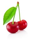 Two ripe cherries with leaf isolated on white background Royalty Free Stock Photo