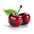 Two ripe cherries on a white background, delicious food, vitamins