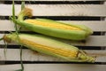 Two ripe ears corn wooden background.