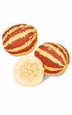 two ripe and half Pepino melon red and yellow striped fruit Royalty Free Stock Photo