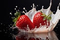 Two ripe large strawberries in a milky splash on a black background. Generated by artificial intelligence