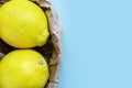 Two ripe lemon on blue background. Group of fresh lemon in recycling paper bag. Eco packing concept. Royalty Free Stock Photo