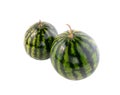 Two ripe little watermelons isolated on white background. Small fruits.