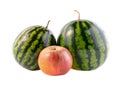 Two ripe little watermelons with red apple isolated on white background.