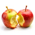 Two Red Apples with Bite Marks Showing Yellowish White Flesh on a White Background bitten apple Royalty Free Stock Photo