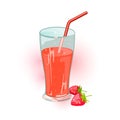 Two ripe strawberries and glass of red sweet juice with straw. Berry drink in transparent cup.