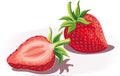 Two ripe strawberries, one cut in half. Royalty Free Stock Photo