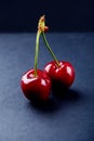 Two ripe and tasty red cherries on a blue background Royalty Free Stock Photo