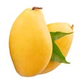 Two ripe yellow mango fruits with green leaves in stack isolated on white background with clipping path Royalty Free Stock Photo