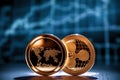 Ripple cryptocurrency coins over financial charts Royalty Free Stock Photo