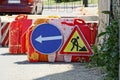 Two road signs road works on asphalt Royalty Free Stock Photo