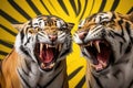 Two roaring tigers on bright yellow background Royalty Free Stock Photo