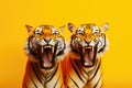 Two roaring tigers on bright yellow background Royalty Free Stock Photo