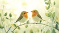 Two Robins Perched On A Branch Amongst Blossoms Royalty Free Stock Photo