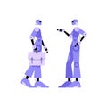 Robot Employees Engaging In Discussion In Flat Vector Illustration Symbolizing AI Interaction, Workplace Communication