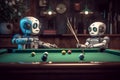 two robot friends playing pool billiard table game together, Generative AI