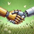 Two robot hands shaking in nature symbolizing harmony between technology and environment Royalty Free Stock Photo