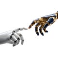 Two robot hands touching fingertips, generating a bright, glowing light, symbolizing technology, connection, and futuristic Royalty Free Stock Photo