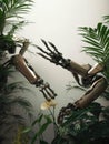 Two robotic arms delicately tending to a virtual garden with plants growing out of their metal hands.. AI generation