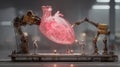 Two robotic arms are interacting with a large, translucent pink representation of a human heart Royalty Free Stock Photo
