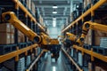 Two robotic arms are performing automated tasks in a large warehous Royalty Free Stock Photo