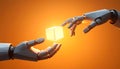 Two robotic hands exchanging a glowing geometric cube, symbolizing data transfer, technology collaboration, artificial Royalty Free Stock Photo