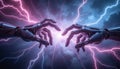 Two Robotic Hands Generating Energy Surrounded by Lightning Flashes
