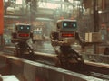 two robots collaboratively loading boxes on a conveyor belt in a factory setting Royalty Free Stock Photo