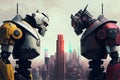 two robots of different colors, in confrontation on the city skyline