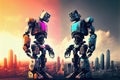 two robots of different colors, in confrontation on the city skyline