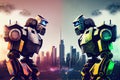 two robots of different colors, in confrontation on the city skyline Royalty Free Stock Photo