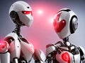 A pair of genderless robots in futuristic clothing, standing side by side