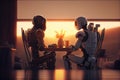 Two robots are drinking coffee at the table. Restaurant bar pub template, alcohol degustation promotion poster