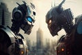 two robots, each with different designs, face off in futuristic cityscape