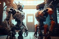 two robots, facing each other in a futuristic factory, with intricate machinery and tools in the background